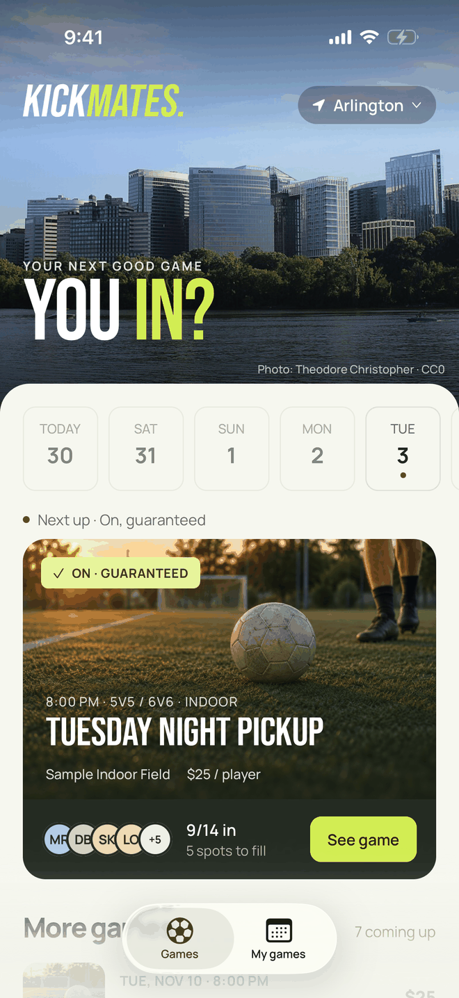 Kickmates Games screen: your town and the week’s games