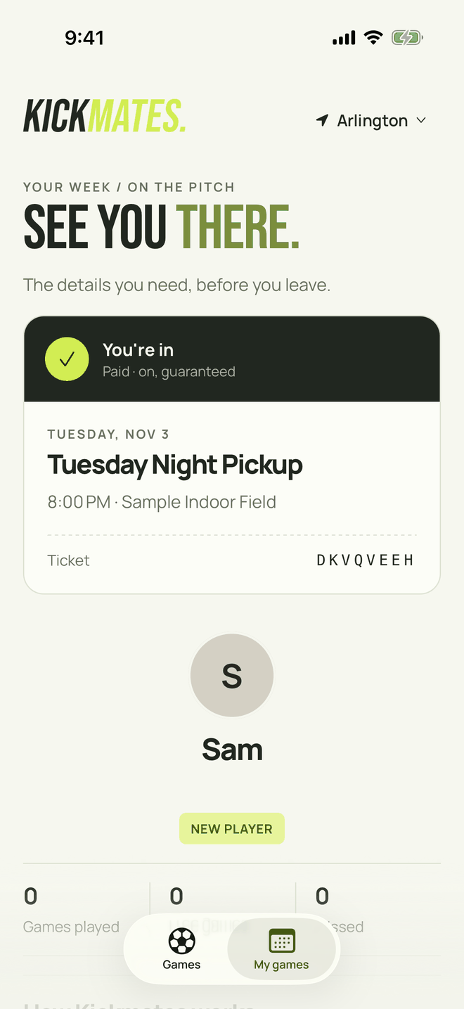 Kickmates My games screen: your booked game as a ticket